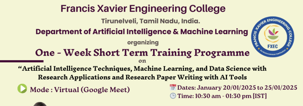 Artificial Intelligence Techniques, Machine Learning, and Data Science with Research Applications and Research Paper Writing with AI Tools 2025 Short-term Training Program Poster